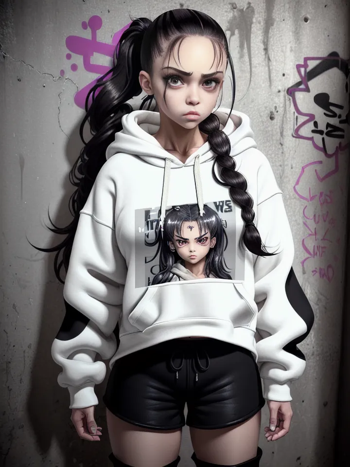 This is an image of a young woman with long black hair, dark skin, and purple eye shadow. She is wearing a white hoodie with a picture of an anime girl with red eyes on it. She is also wearing black shorts and black boots. She is standing in front of a gray concrete wall with graffiti on it.