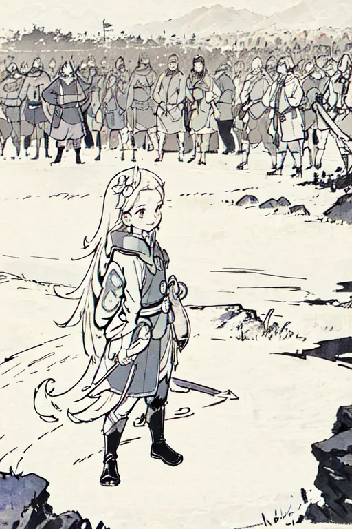 The image is a black-and-white sketch of a young girl standing in front of a large army. The girl is wearing a simple dress and has long hair. She is holding a staff in her right hand. The army is made up of men and women of all ages. They are all wearing different types of armor and weapons. The army is standing in formation and is ready to attack. The girl is standing in front of the army and is looking at them with a determined expression. The image is set in a snowy field. There are mountains in the background.