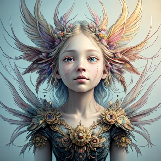 L'image est un portrait d'une jeune fille aux longs cheveux blonds. Elle porte une robe bleue et dorée avec un cache-cœur blanc en dessous. Elle a une paire d'ailes grandes et emplumées d'un bleu clair avec des accents jaunes et roses. Le visage de la jeune fille est très détaillé, avec des yeux bleu clair et des lèvres roses. Elle porte une couronne de fleurs sur la tête. L'arrière-plan est de couleur bleu clair avec un dégradé vers le blanc en haut.