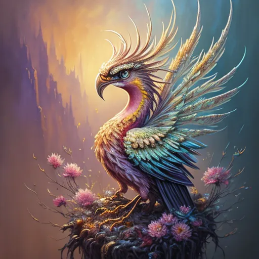 The image is a painting of a mythical bird with a long, flowing mane and tail feathers. The bird is standing on a rock in front of a colorful background. The bird's feathers are a gradient of purple, blue, green, and yellow, with a yellow and orange crest. The bird's eyes are blue and it has a golden beak. The rock the bird is standing on is covered in pink and purple flowers. The background is a gradient of yellow and orange, with clouds in the distance.