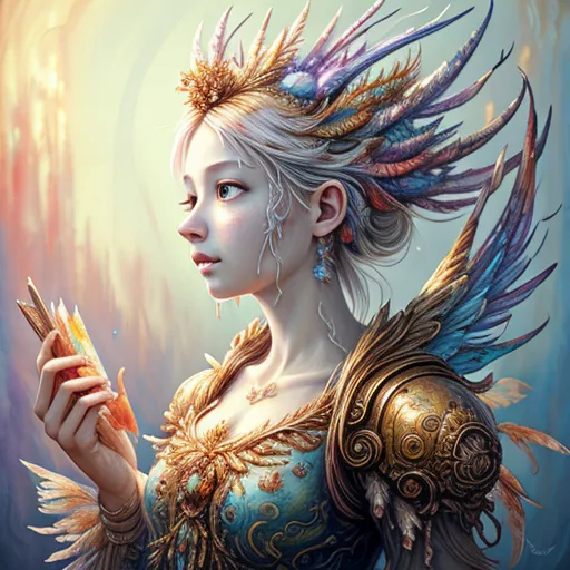 This image shows a beautiful fairy with long, flowing white hair. She is wearing a golden crown and a blue dress with a white and gold bodice. The fairy is also wearing golden shoulder pads and has a pair of feathered wings in shades of blue, purple, and green. She is holding a small, glowing crystal in her right hand. The fairy is standing in a forest, and there is a ray of sunlight shining down on her.