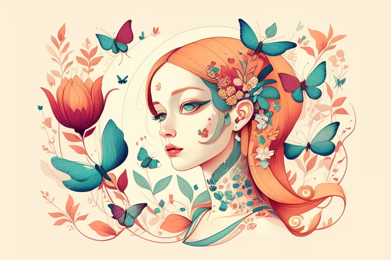 The image is a drawing of a woman's face. She has orange hair and blue eyes, with a flower tattoo on her neck. There are flowers and butterflies all around her head. The flowers are pink, orange, and blue. The butterflies are blue, green, and purple. The background is a light yellow color.