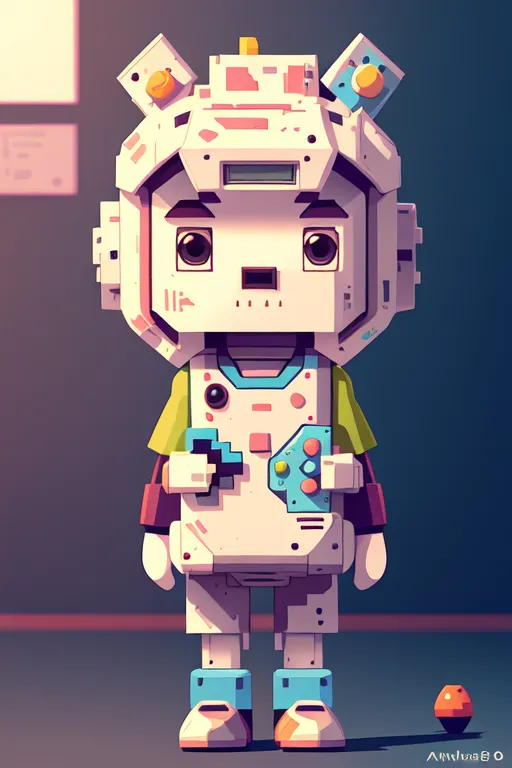 The image shows a robot boy wearing a white and green outfit. He has a yellow and pink face with big eyes and a small mouth. He is wearing a white hat with pink and yellow details. He is also wearing a green shirt and white pants. He is holding a video game controller in his hands. He is standing in a room with a brown floor and white walls. There is a brown door on the left wall and a window on the right wall. There is a plant in front of the window.