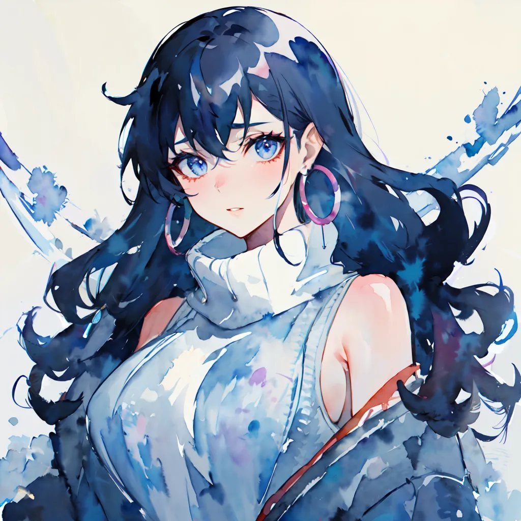 The image is a painting of a young woman with long, dark blue hair. She is wearing a white turtleneck blouse and a blue jacket. The background is white with blue and purple splashes of paint. The woman's eyes are blue and her skin is fair. She is looking at the viewer with a slightly shy expression.