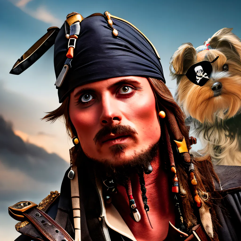 This image shows a man dressed as a pirate. He is wearing a blue bandana, a white shirt, and a brown vest. He has a sword in his belt and a pistol in his hand. He is also wearing a lot of jewelry, including a necklace, earrings, and bracelets. He has a dog with him. The dog is wearing a pirate hat and an eye patch. The man has his arm around the dog. They are both looking at the camera. The background is a blue sky with clouds.