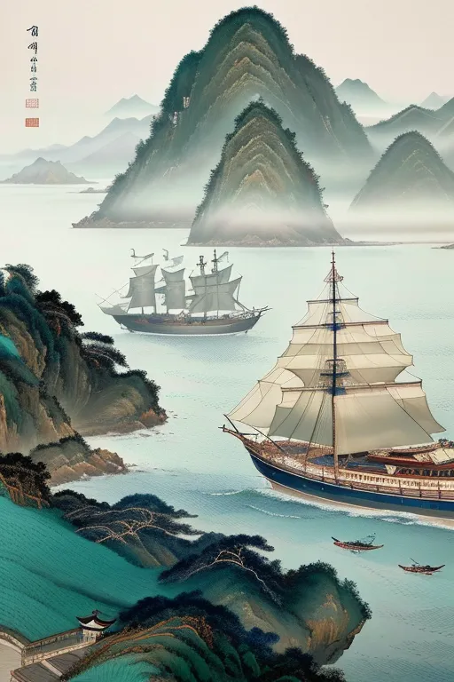 The image is a Chinese painting of a junk ship at sea. The ship is in the foreground, with a large mountain in the background. The mountain is covered in trees and has a temple on top. The water is very calm and there are a couple of small islands in the distance. The painting is done in a very realistic style and the colors are very vibrant.