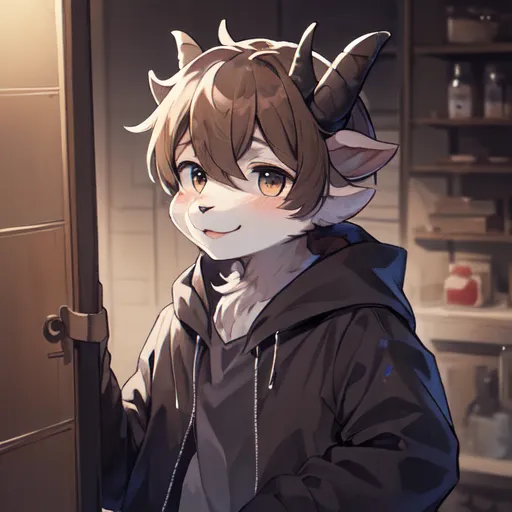 The image is of a young man with brown hair and goat ears. He is wearing a black hoodie and has a friendly smile on his face. He is standing in a room with a door behind him. The room is dimly lit.