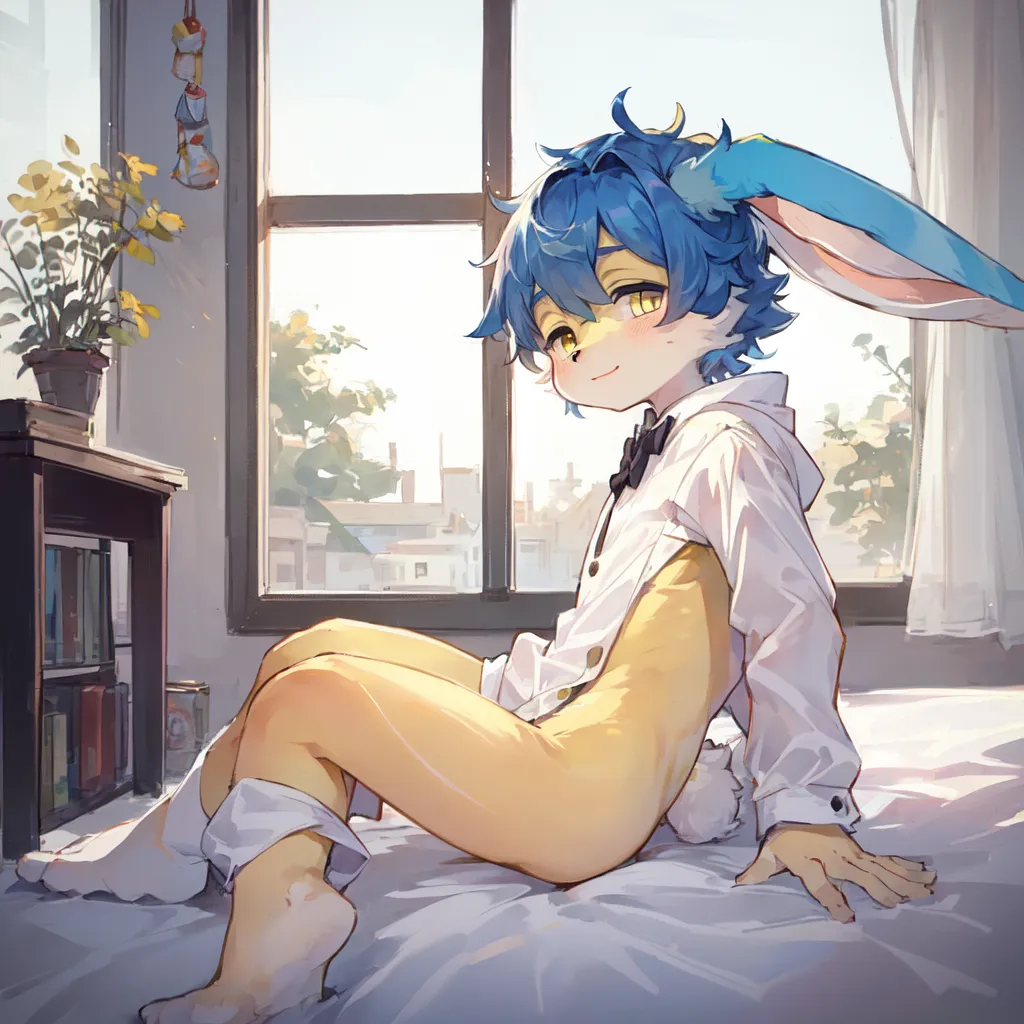 This image is of a blue-haired rabbit boy sitting on a bed. He is wearing a white shirt that is unbuttoned, showing his bare chest and legs. He has a yellow bow tie and his feet are bare. The bed is covered in a white blanket and there is a window in the background. The window has a view of a city. The rabbit boy has a gentle smile on his face and he looks relaxed.