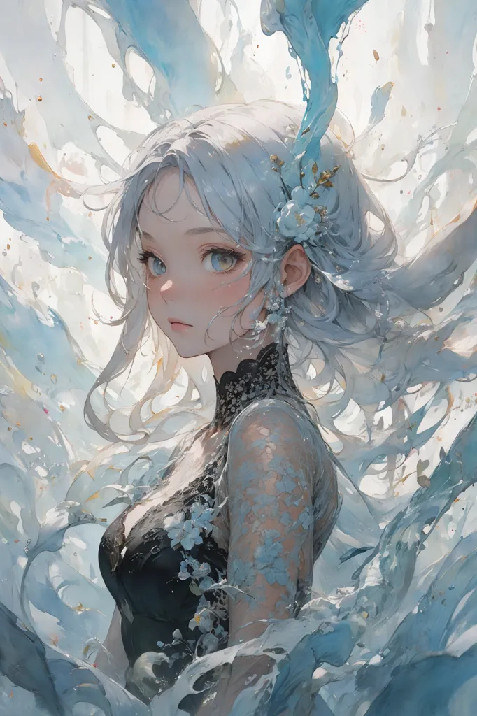 This is an image of a beautiful anime girl with long white hair and blue eyes. She is wearing a black dress with a white collar. The dress has blue and white flower designs on it. She is also wearing a necklace and earrings. There are white flowers in her hair. She is standing in front of a white background with blue water-like splashes around her.