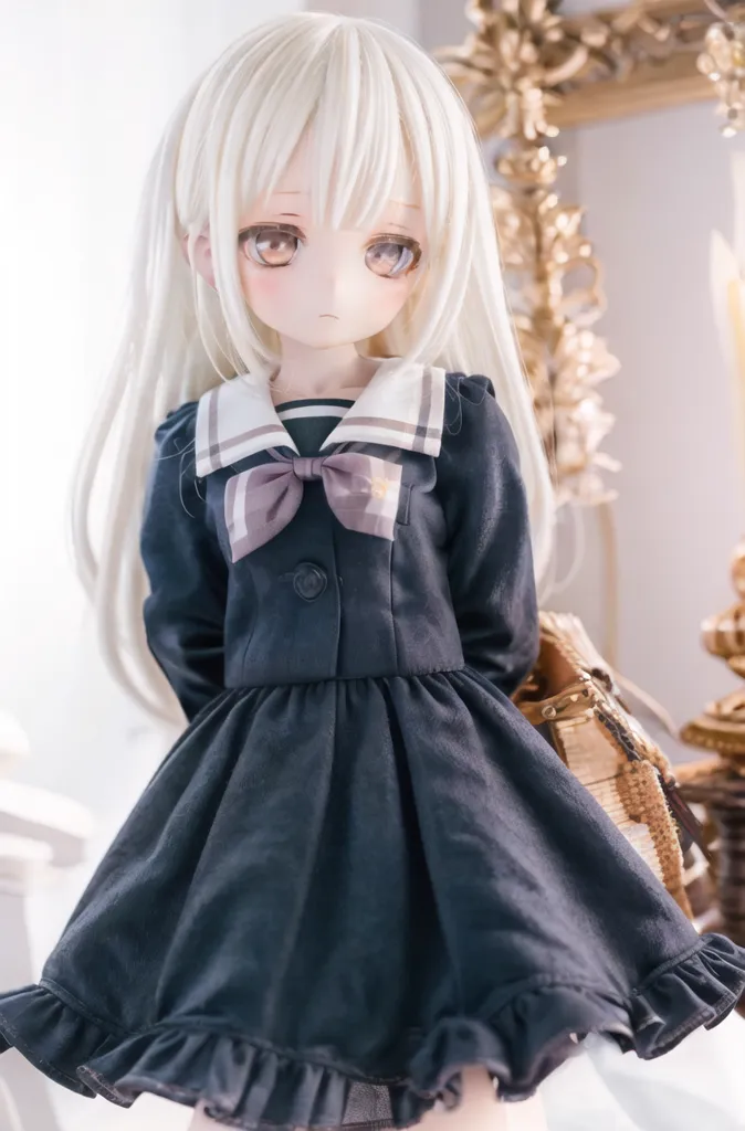 This is a photo of a doll with long white hair, brown eyes, and a black and gray sailor-style dress. The doll is standing in front of a white background, and there is a gold-colored object on the right side of the image. The doll's hands are behind its back, and it has a slightly melancholy expression on its face.