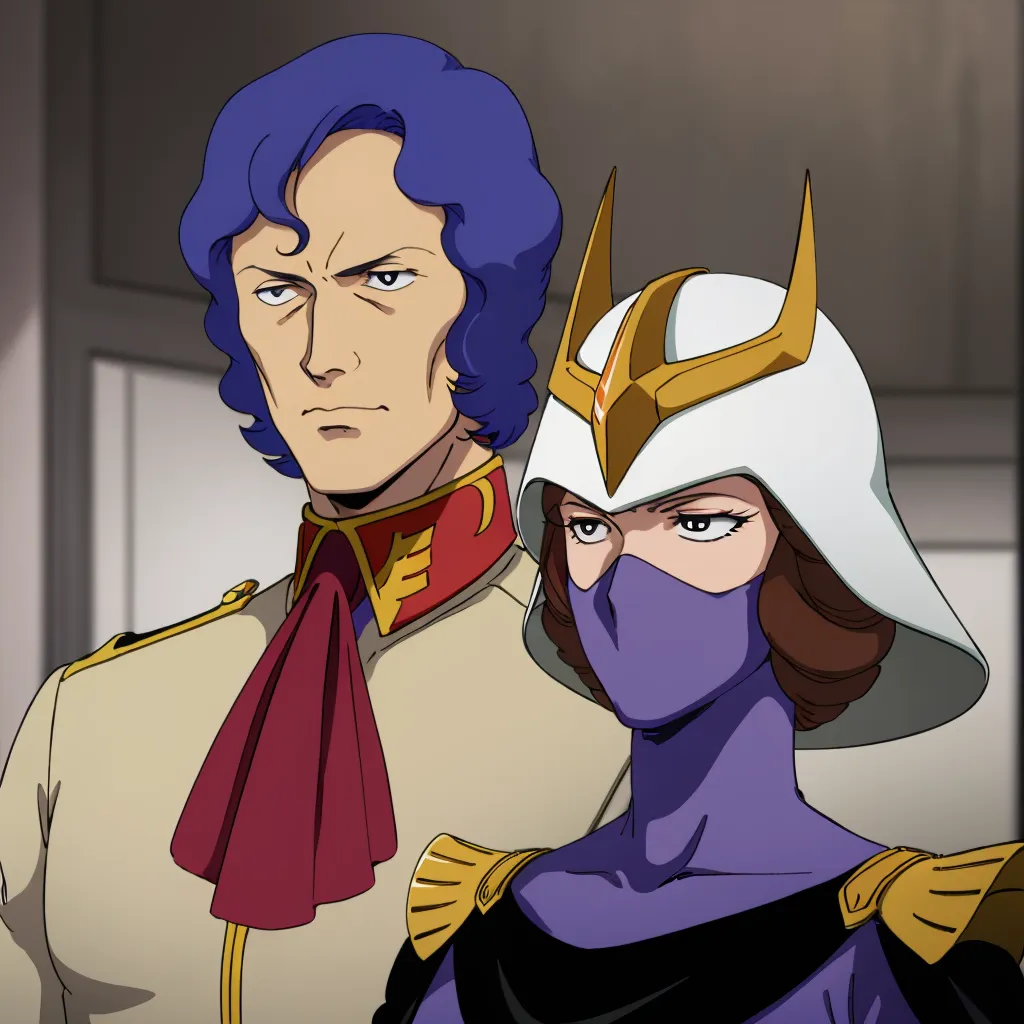 The image shows two characters from the anime series Mobile Suit Gundam. On the left is Char Aznable, a masked man with long blue hair and a scar on his face. He is wearing a white military uniform with a red sash. On the right is Haman Karn, a woman with short brown hair and a purple mask. She is wearing a white and gold headdress and a purple bodysuit.