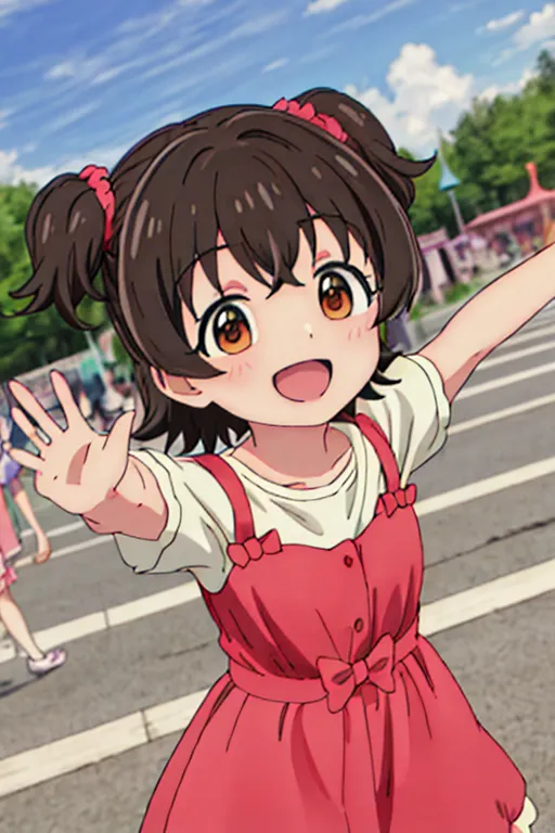 The image shows an anime girl with brown hair and brown eyes. She is wearing a white shirt, a red dress, and a red bow in her hair. She is standing in a street with her arms outstretched. She has a happy expression on her face.