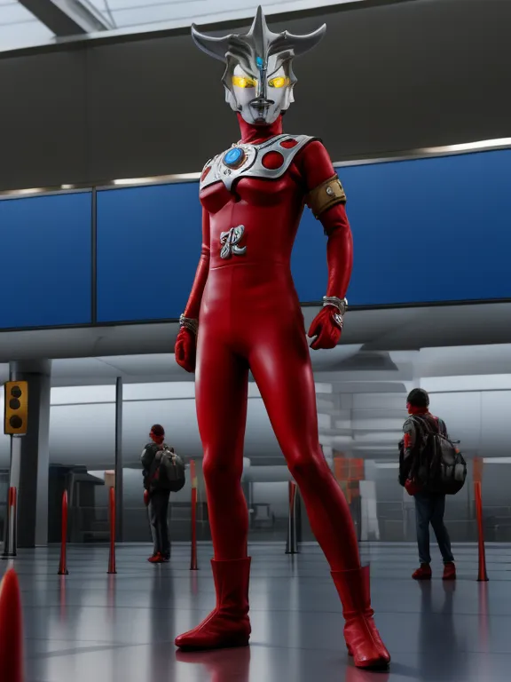 The image shows a man in a red and silver superhero suit. He is standing in an airport, with two people in the background. The superhero is looking at the camera. He has a red and silver helmet with a blue crystal in the center. His suit has a red chest plate with a silver circle in the center. He is wearing red boots and gloves.