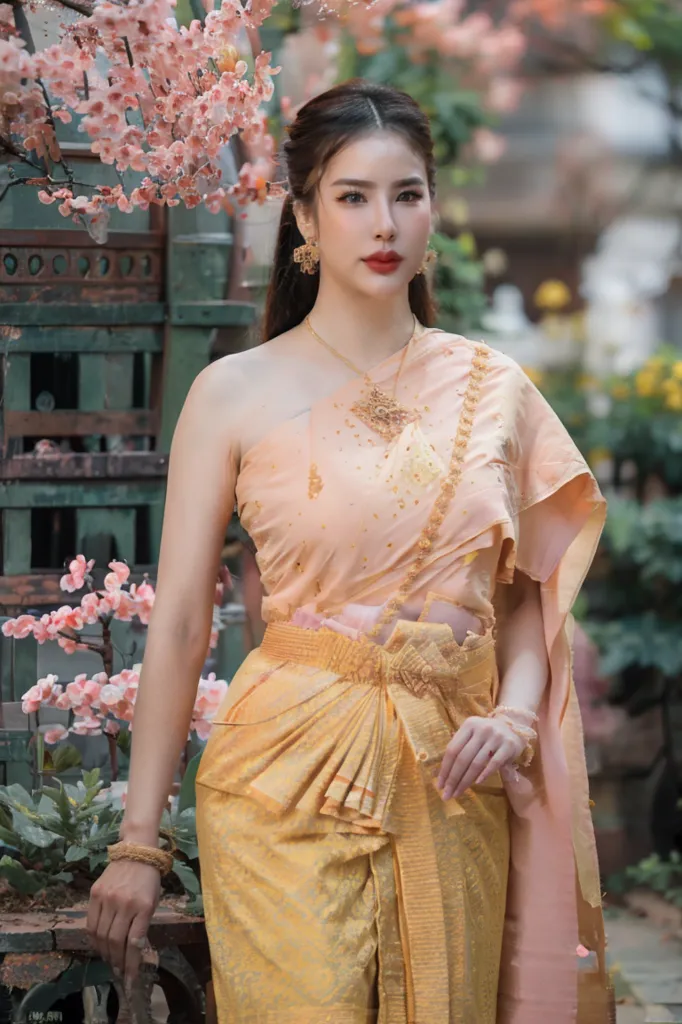 The picture shows a Thai woman wearing a traditional Thai dress called a sabai. The dress is made of a long piece of cloth that is wrapped around the body and secured with a belt. The woman is also wearing a traditional Thai hairstyle and jewelry.