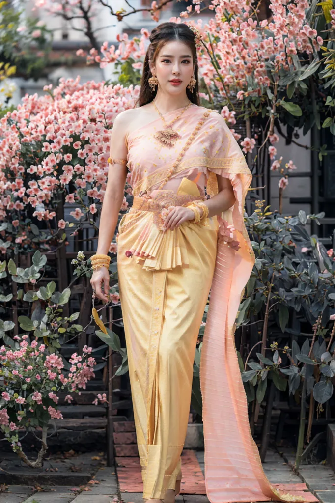 The image shows a Thai woman wearing a traditional Thai dress called a sabai. The dress is made of a pink and gold brocade fabric and is decorated with intricate gold and silver embroidery. The woman is also wearing a traditional Thai headdress and jewelry. She is standing in a garden of pink flowers.