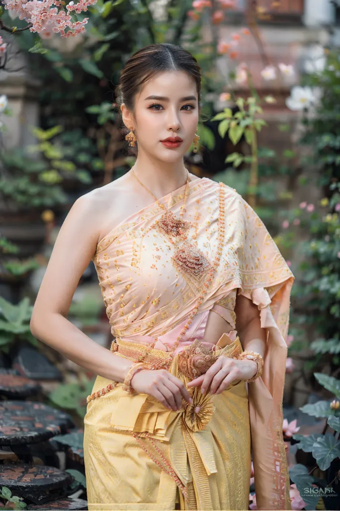 The image shows a young woman wearing a traditional Thai dress. The dress is made of a pink and gold brocade fabric and features a one-shoulder design. The woman is also wearing a traditional Thai headdress and jewelry. She is standing in a garden and there are flowers in the background.