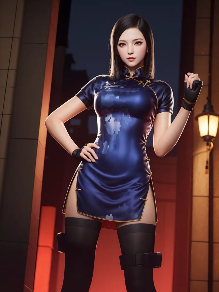 This is an image of a woman wearing a blue cheongsam. The cheongsam is a traditional Chinese dress that is typically worn by women. It is a one-piece dress that is fitted to the body and has a high collar. The cheongsam is often made of silk or other luxurious fabrics. The woman in the image is wearing a blue cheongsam that is made of a shiny fabric. The cheongsam has a high collar and is fitted to her body. The woman is also wearing black gloves and black boots. She is standing in front of a red wall with a lantern on the right side.