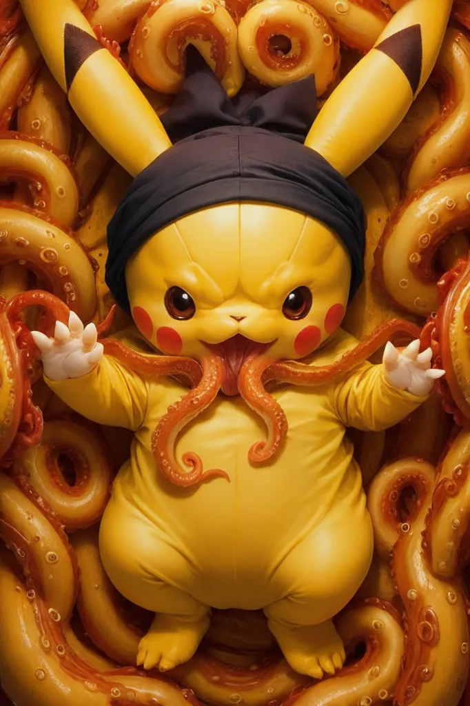 The image shows a Pikachu, which is a character from the Pokémon franchise. It is yellow and has black stripes on its back and a black-tipped tail. It is wearing a black beanie. It is surrounded by orange tentacles. The creature has a large mouth with sharp teeth and a long tongue. It is also covered in suckers