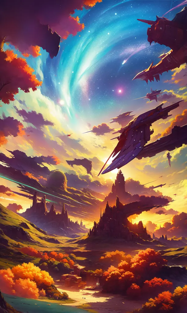 The image is of a fleet of spaceships flying over a fantasy landscape. The sky is a vibrant mix of colors, with bright orange and yellow hues dominating. The spaceships are sleek and futuristic, and they are flying in formation. The landscape is made up of rolling hills and valleys, with a river running through the middle. There are also several large trees and a few buildings. The image is full of action and excitement, and it captures the sense of wonder and adventure that is often associated with space travel.