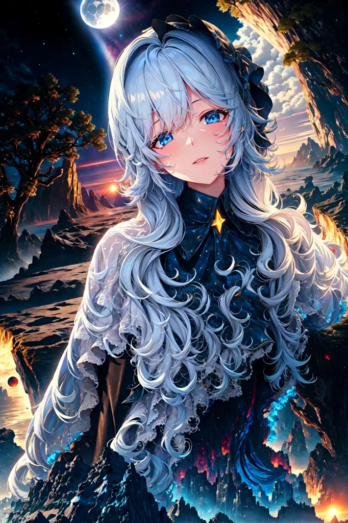 The image is of an anime girl with long, flowing white hair and blue eyes. She is wearing a black dress with a white collar and a blue star on her chest. She is standing in a rocky landscape with a large moon in the background. The moon is surrounded by a blue and purple sky. There are two trees on either side of her. She is smiling.