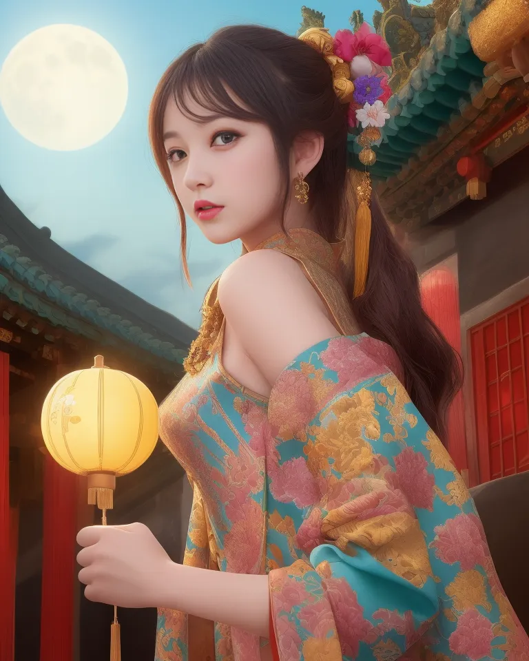 Voici une image d'une belle femme asiatique vêtue d'une robe traditionnelle chinoise. Elle se tient dans une cour, tenant une lanterne à la main. L'arrière-plan est une pleine lune et un bâtiment traditionnel chinois. La femme porte une robe bleue et rose avec un col blanc. La robe est décorée de motifs complexes. Elle a de longs cheveux noirs et porte une coiffure traditionnelle chinoise. Elle porte également des bijoux traditionnels chinois, notamment un collier, des boucles d'oreilles et des bracelets. La femme est debout dans une pose décontractée, la tête légèrement inclinée sur le côté. Elle a un sourire doux sur le visage. La lanterne qu'elle tient est en papier et décorée de motifs traditionnels chinois. L'arrière-plan de l'image est une pleine lune et un bâtiment traditionnel chinois. La lune est brillante et pleine, et le bâtiment est baigné dans sa lumière. La femme se tient dans une cour, entourée d'une architecture traditionnelle chinoise. L'image est une représentation belle et sereine de la culture traditionnelle chinoise.