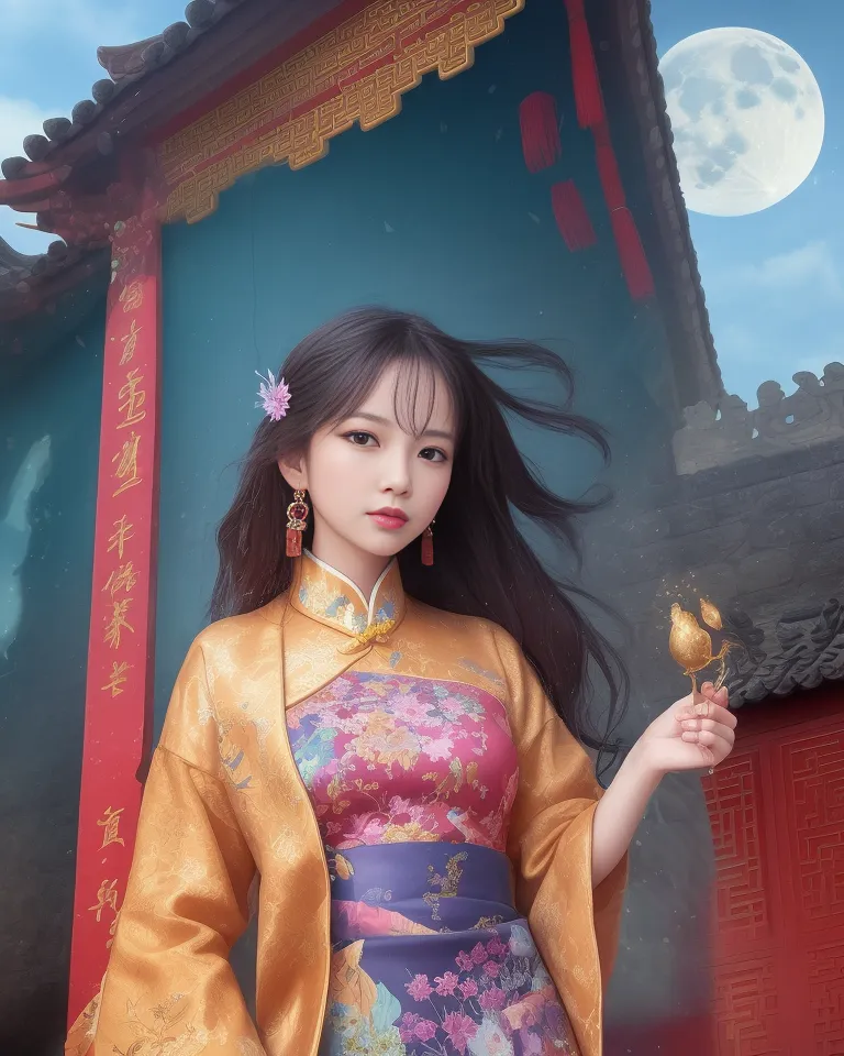 L'image montre une jeune femme vêtue d'une robe traditionnelle chinoise debout devant un mur bleu avec une lune en arrière-plan. La femme porte une robe rose et violette avec un col blanc. La robe a un motif floral. La femme a de longs cheveux noirs avec une fleur rose dedans. Elle porte également des boucles d'oreilles chinoises traditionnelles. La femme tient un objet doré dans sa main. L'arrière-plan de l'image est un mur bleu avec une lune dans le coin supérieur droit. La lune est pleine et a une lueur jaune autour d'elle.