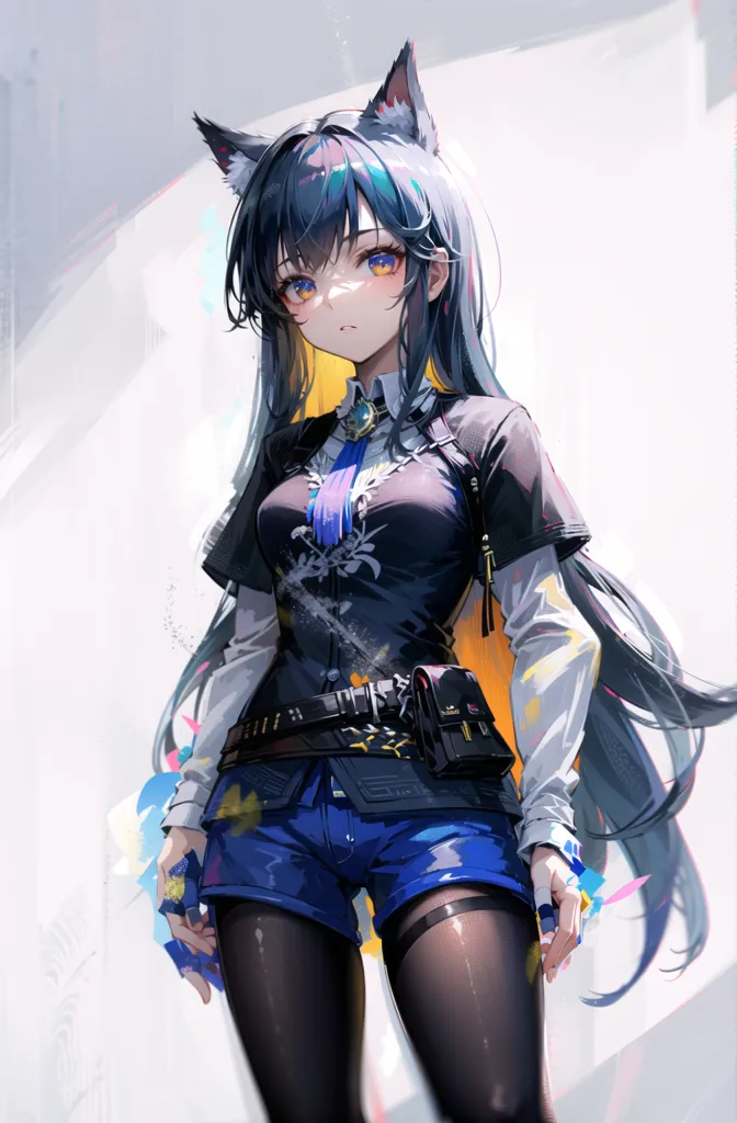 The image is of an anime-style girl with long blue hair, cat ears, and yellow eyes. She is wearing a black vest with a white collar, blue shorts, and a brown belt with a pouch on it. She is also wearing black stockings and blue gloves. She has a serious expression on her face and is looking at the viewer with her right hand on her hip and her left hand holding her other arm's elbow.