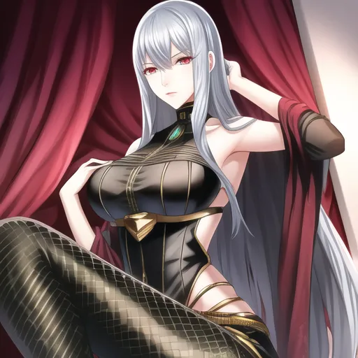 The image shows a beautiful woman with long silver hair and red eyes. She is wearing a black and gold bodysuit with a high collar and a long slit up the side. She is also wearing black stockings and high heels. She is sitting in a chair with one hand on her hip and the other in her hair. She has a confident and seductive expression on her face.