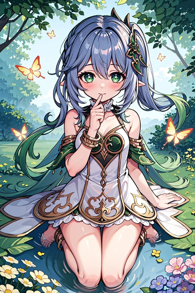 A imagem é de uma garota em estilo anime com cabelos longos verde e azul. A garota está sentada em um lago com água até a cintura. Ela está usando um vestido branco e verde com um cinto dourado. A garota tem o dedo nos lábios em um gesto de silêncio, e há borboletas ao redor dela. O fundo é uma floresta com árvores verdes e flores.