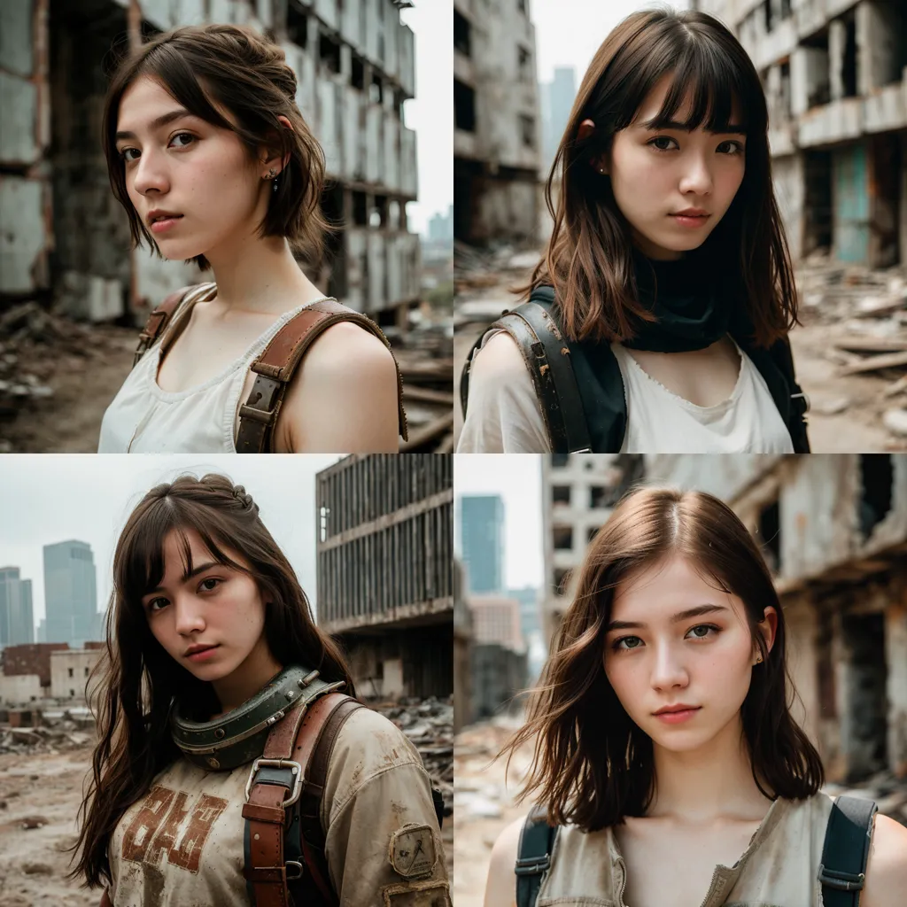 The image shows four pictures of the same person. She seems to be in an urban area that has been destroyed. She is wearing a white shirt and a brown bag. She has short brown hair and brown eyes. She looks like she is in her early 20s.