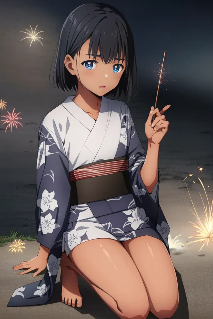 The image shows a young girl with short black hair and blue eyes. She is wearing a yukata with a floral pattern and a red obi. She is kneeling on the ground and holding a sparkler. There are fireworks in the background. The girl's expression is serious.