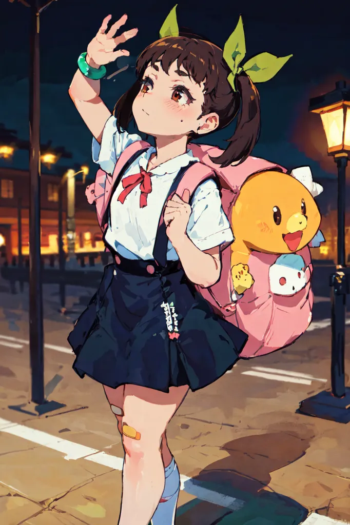 The image is of a young girl walking down a city street at night. She is wearing a white shirt, a black skirt, a red bow, and a pink backpack with a yellow duck on it. She has her right hand raised in the air. She has a bandage on her right knee. There are street lamps on either side of the street.