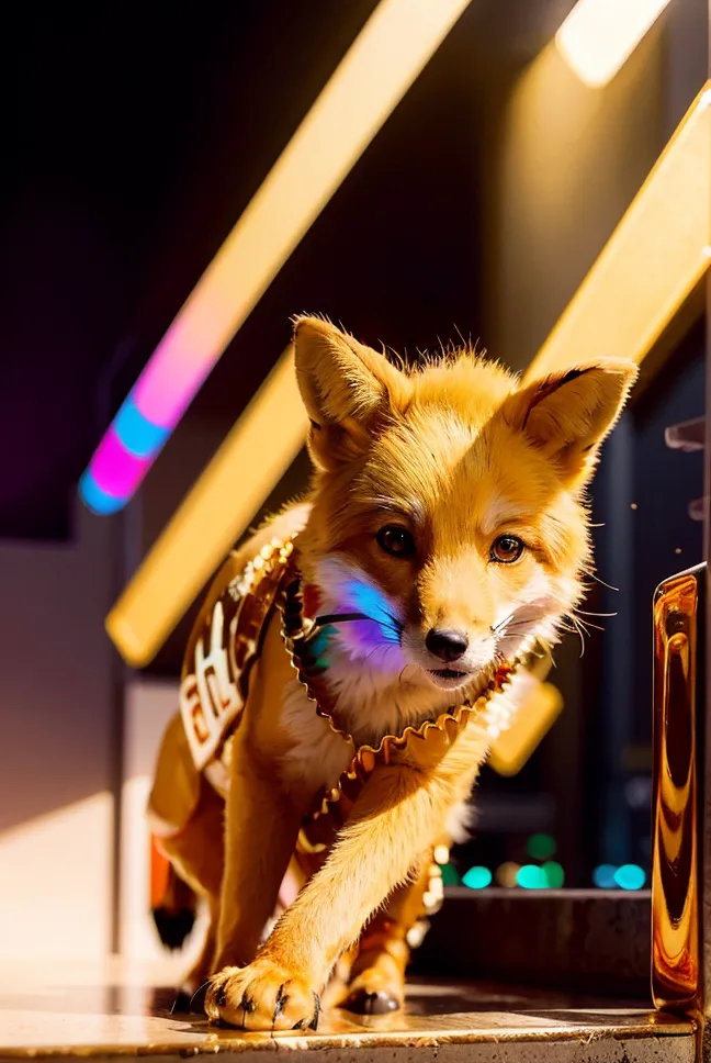 The image shows a small fox wearing a golden collar with golden decorations. The fox is standing on a marble surface with its left paw forward. It is looking at the camera with its head tilted slightly to the left. There are colorful lights in the background.