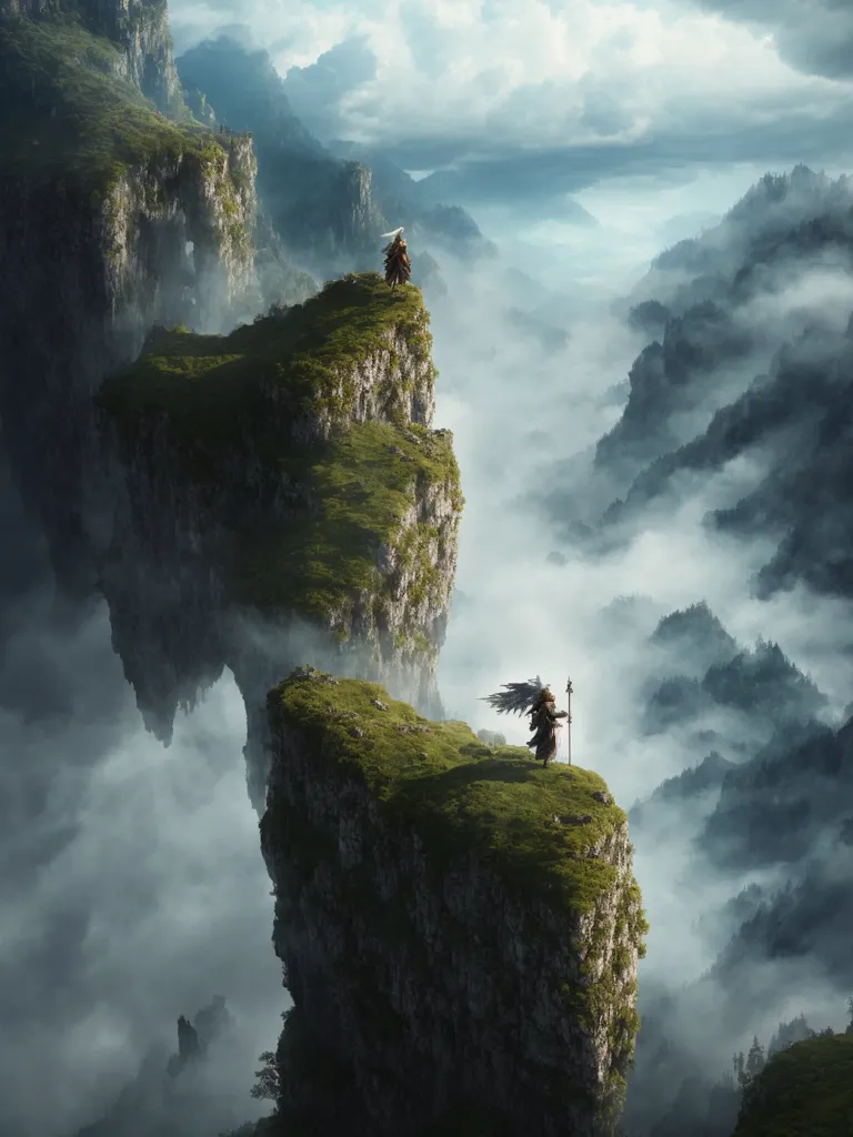 The image is of two figures standing on a floating rock in the sky. The rock is surrounded by clouds and mountains. The figures are both wearing white robes and have long hair. One of the figures is holding a staff. The other figure is holding a sword.