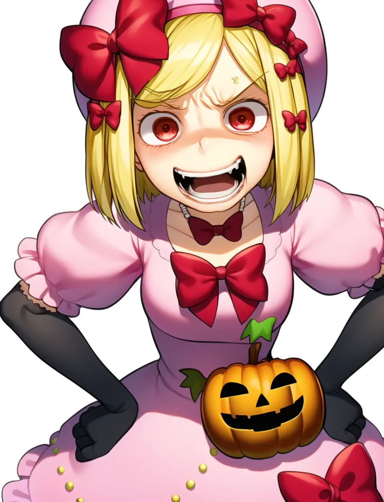 The image is of a young girl with yellow hair and red eyes. She is wearing a pink dress with a white collar and black gloves. She has a large red bow in her hair and is holding a pumpkin. The girl has a determined expression on her face and seems to be ready for something.