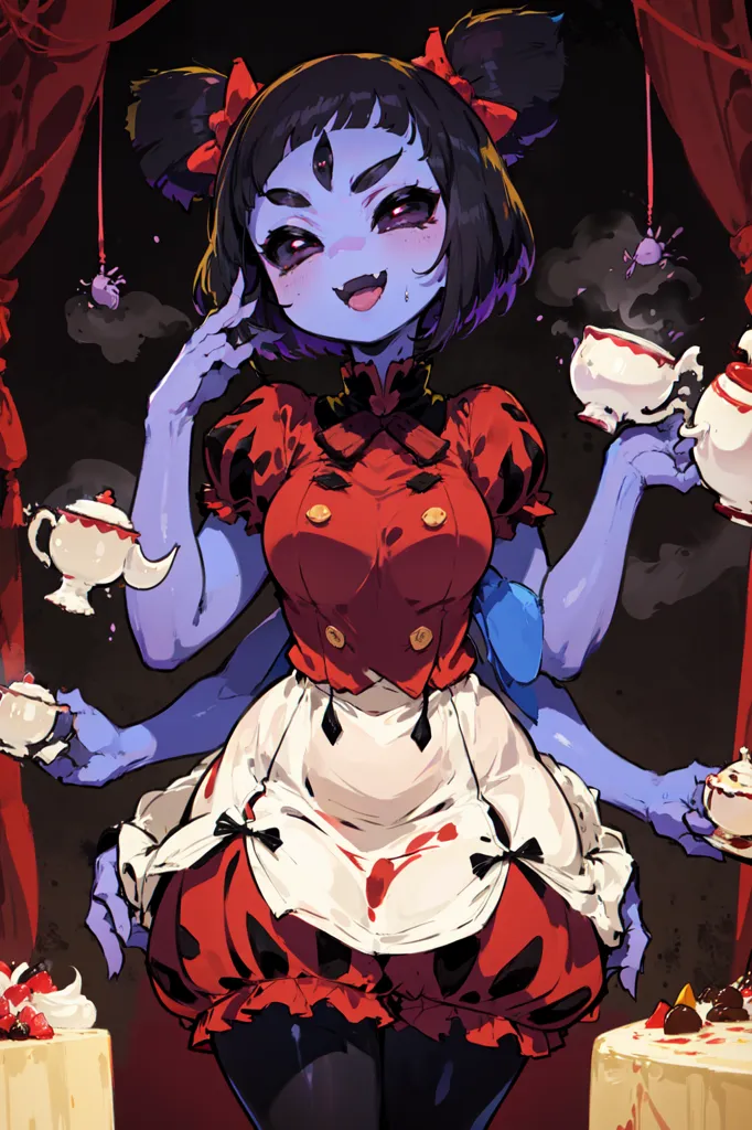 The image is of Muffet from the indie video game Undertale. She is a spider-like creature with black hair and purple skin. She is wearing a red dress with a white apron. She has six arms, and she is holding a teacup in each hand. There are also several cakes and teacups on the table in front of her. The background is a red curtain.