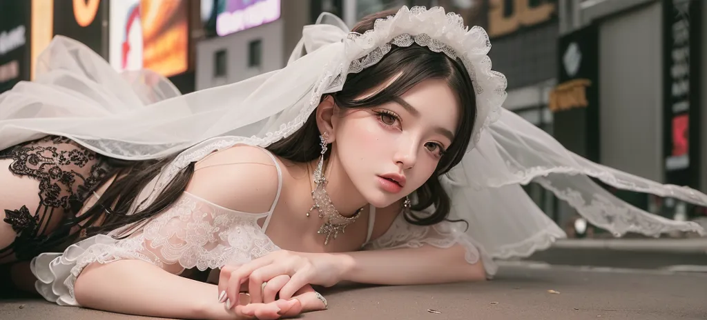 The image is of a young woman with long black hair and brown eyes. She is wearing a white wedding dress with a long veil. The dress is off the shoulders and has a sweetheart neckline. The veil is trimmed with lace. She is also wearing a necklace and earrings. The woman is lying on the ground. Her hands are clasped in front of her. She is looking at the camera with a serious expression. The background is blurred.