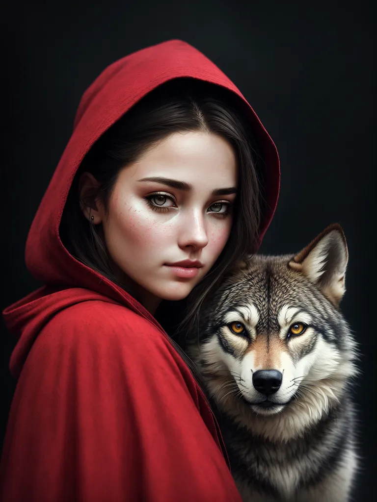 The picture shows a young woman in a red hooded cloak. The hood is lined with white fur. The woman has long dark hair and light brown eyes. She is looking at the viewer with a serious expression. A wolf is standing next to her. The wolf has gray fur and yellow eyes. It is looking at the woman with a curious expression. The background is dark.