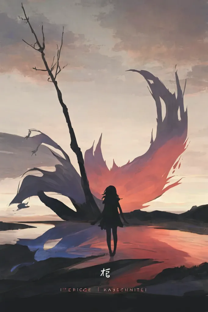 この絵は、花畑に立つ少女の絵画です。空は橙色と桃色のグラデーションで、夕日が沈んでいます。少女は白いドレスを着て、長い髪が流れています。彼女は大きな木の前に立っています。その木は枝以外は裸で、大きな色とりどりの花の茂みに囲まれています。地面は花で覆われています。この絵は写実的なスタイルで描かれ、色彩は鮮やかで生き生きとしています。この絵は平和で穏やかで、自然の美しさを捉えています。