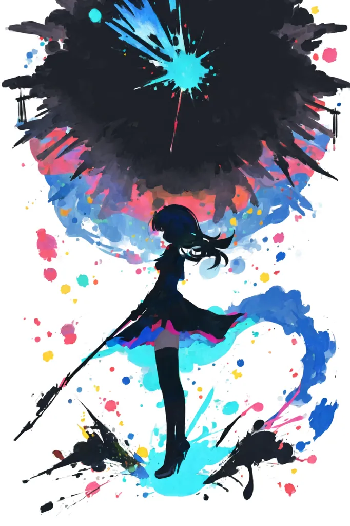 The image is a painting of a girl standing in a colorful explosion of paint. The girl is wearing a black dress and has long black hair. She is holding a spear in her right hand. The explosion of paint is made up of various colors, including blue, green, yellow, and pink. The paint is splattered around the girl in a circular pattern. The background of the painting is white. The painting is done in a realistic style and the colors are vibrant and saturated.