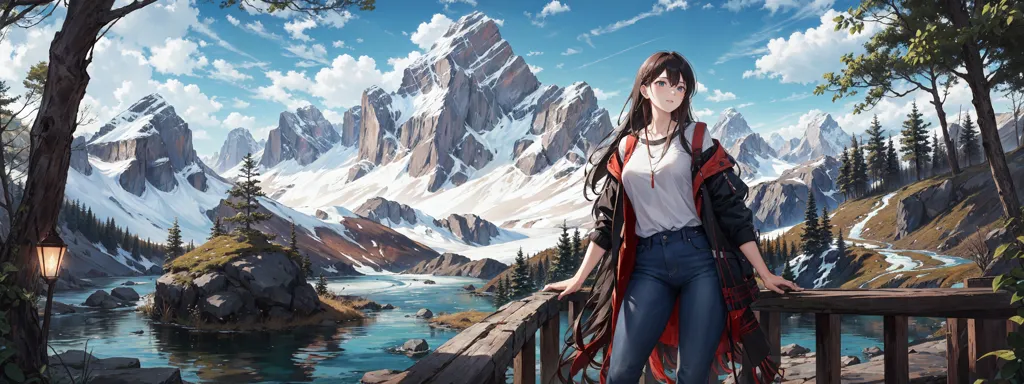 The image is a beautiful landscape featuring a crystal-clear lake reflecting the grandeur of snow-capped mountains. The sky above is painted in varying shades of blue, adorned with some drifting clouds. Trees in full foliage line the edges of the lake, and a wooden fence adds a touch of rustic charm to the scene.

In the foreground, a young girl stands on a wooden dock, leaning against the railing as she gazes out at the majestic mountains. Her long, dark hair cascades down her shoulders, and she wears a casual outfit consisting of a white shirt, jeans, and a red jacket. The girl's serene expression suggests that she is lost in the beauty of the moment, finding solace and inspiration in nature's splendor.

Overall, the image exudes a sense of peace and tranquility, inviting viewers to immerse themselves in the picturesque landscape and share in the girl's awe-struck appreciation of the natural world.