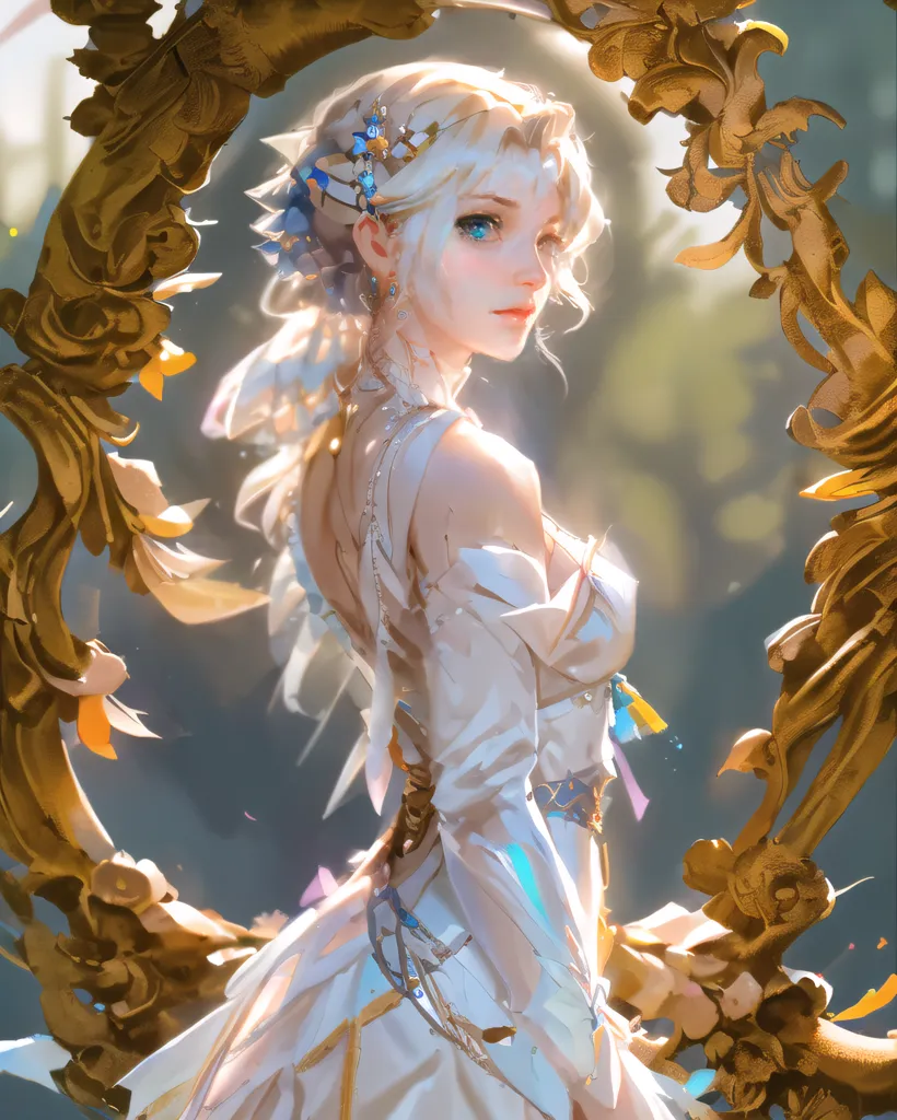 The image is a painting of a beautiful woman with long blonde hair and blue eyes. She is wearing a white dress with a gold and silver bodice. The dress has a long train and is trimmed with fur. The woman is standing in front of a gold frame that is decorated with flowers and leaves. The background is a blur of light blue and white. The woman is looking at the viewer with a serious expression.