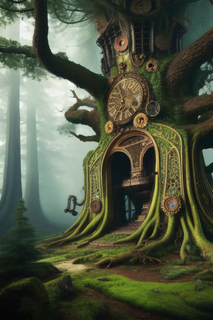 The image is a digital painting of a steampunk treehouse. The treehouse is built around a large tree, and it is made of metal and wood. The treehouse has a clock on it, and there are gears and other steampunk accessories on the treehouse. The treehouse is surrounded by a forest, and there is a path leading up to it. The image is full of detail, and it is clear that the artist put a lot of thought into creating it.