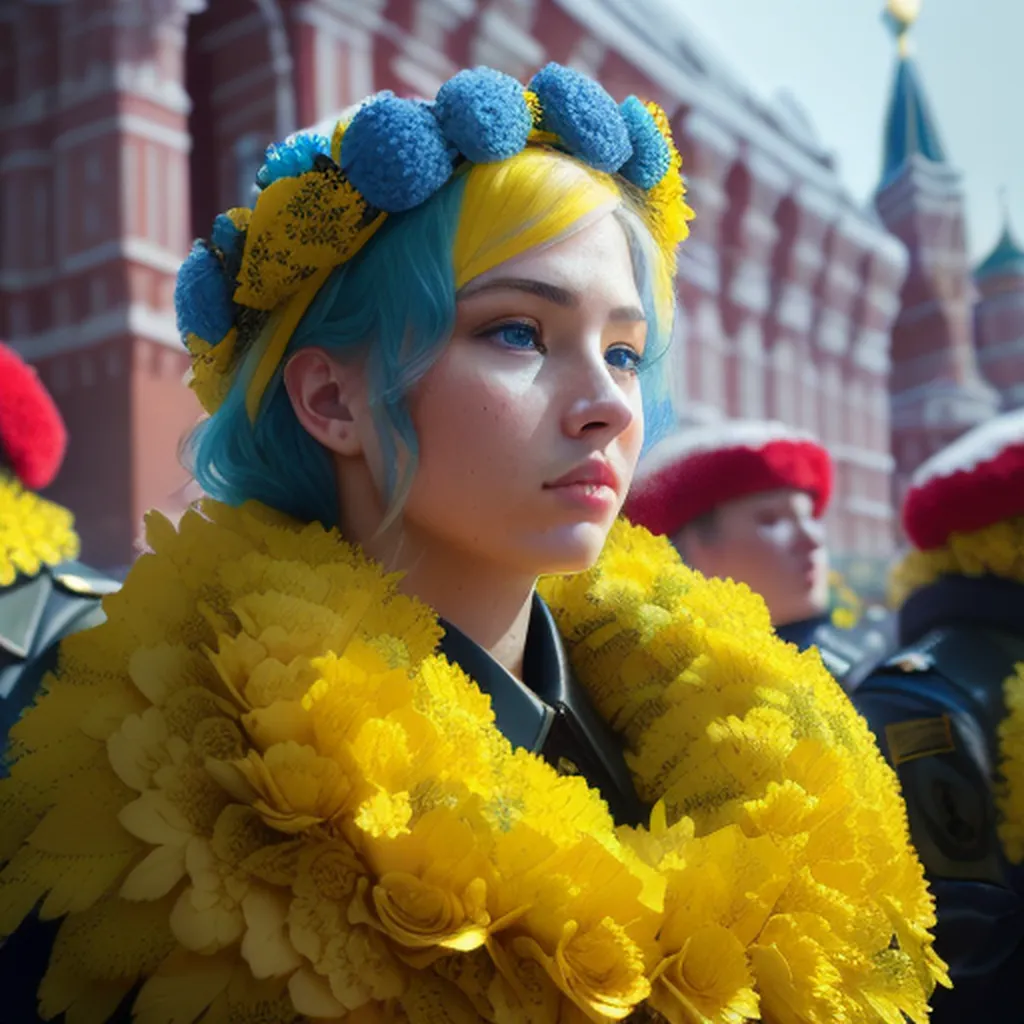 L'image montre une jeune femme en uniforme militaire avec des fleurs bleues et jaunes dans les cheveux et autour du cou. Elle se tient devant un bâtiment qui ressemble au Kremlin. Il y a d'autres personnes en arrière-plan, mais elles ne sont pas aussi nettes que la femme.