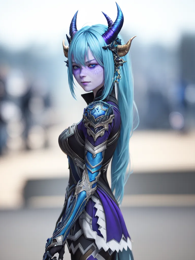 The image shows a young woman with blue hair and purple eyes. She is wearing a blue and purple outfit with armor-like pieces on her shoulders and arms. She also has a pair of horns on her head and a long tail. She looks like a character from a video game or an anime.