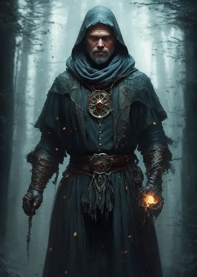The image shows a tall, bearded man wearing a dark blue robe with a hood. The robe is trimmed with gold and has a large circular clasp at the neck. The man's eyes are glowing white and he is holding a staff in his right hand. He is standing in a dark forest and is surrounded by a mist.