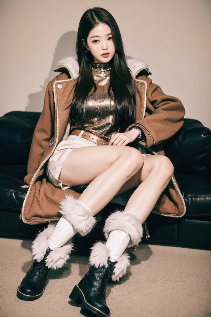 The image shows a young woman with long dark hair sitting on a black leather couch. She is wearing a brown fur-lined coat, a gold metallic turtleneck top, white shorts, and black boots with fur trim. She is also wearing a belt and several bracelets on her right wrist. The woman is sitting with her legs crossed and her hands resting on her thighs. She is looking at the camera with a serious expression.