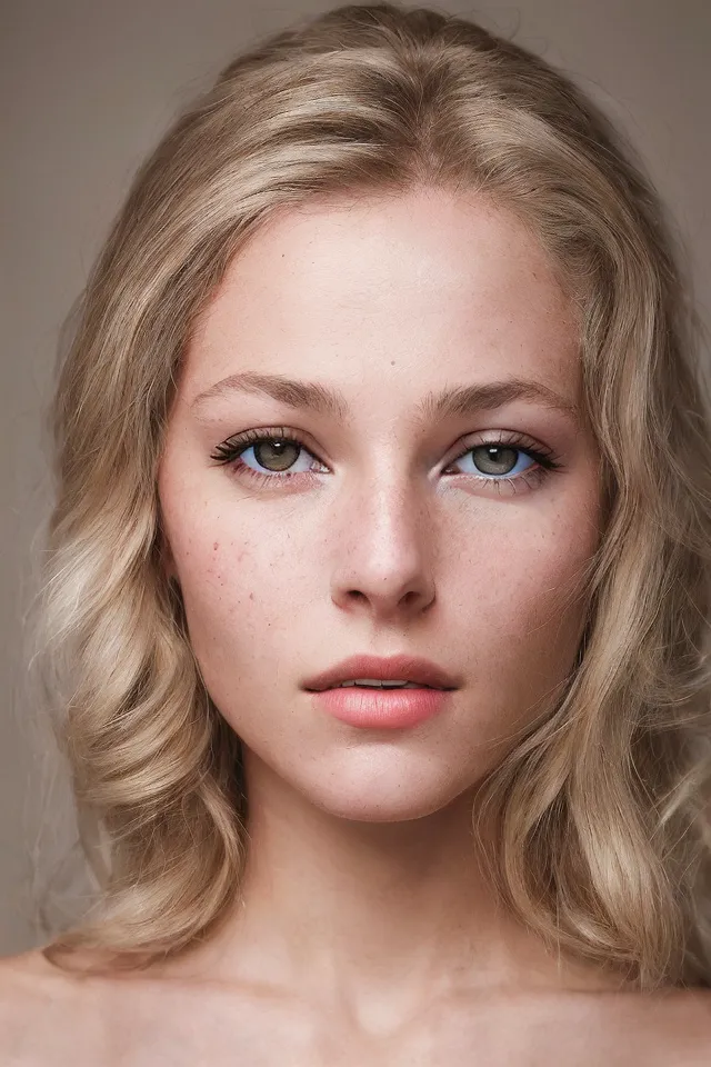 La imagen muestra a una mujer joven con el cabello largo y ondulado de color rubio. Su piel es clara y sin imperfecciones, con algunas pecas en la nariz y las mejillas. Sus ojos son de un color azul claro, con pestañas largas y oscuras. Sus cejas son gruesas y naturales. Su nariz es pequeña y recta, y sus labios son llenos y rosados. Lleva un maquillaje de tonos suaves, con un toque de rubor en las mejillas y sombra de ojos. Su cabello está peinado con una raya en el centro, y las ondas caen sueltas alrededor de sus hombros. Mira directamente al espectador con una expresión suave y neutra.