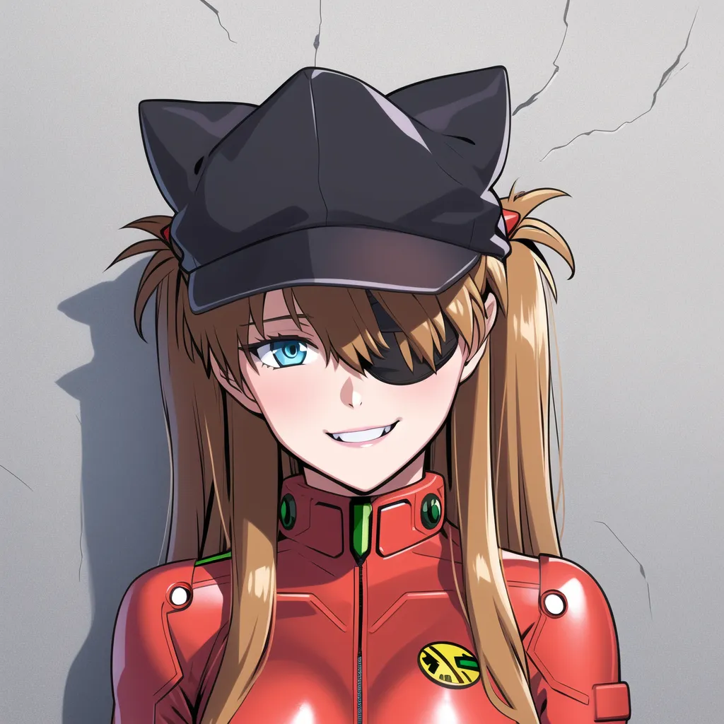 The image contains a young woman with long brown hair and blue eyes. She is wearing a black hat with cat ears, a red jacket, and a white shirt. The woman has an eyepatch over her right eye and is smiling. She is standing in front of a white background with cracks.