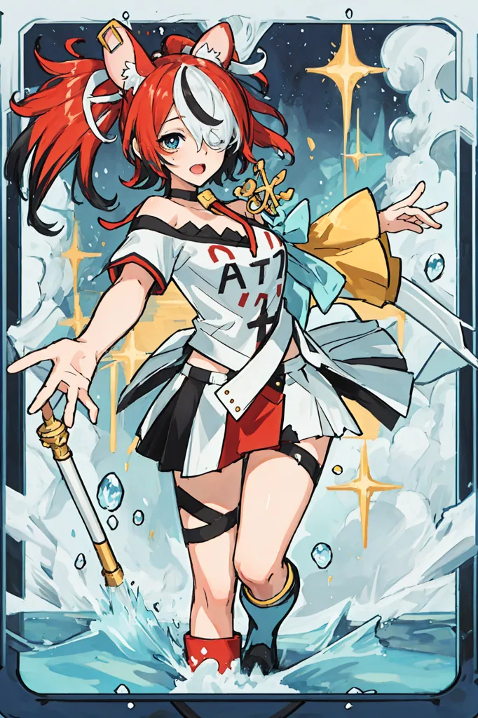 This is an illustration of a young woman with red and white hair, blue eyes, and cat ears. She is wearing a white and red striped shirt, a black skirt, and red boots. She is also holding a staff with a bubble at the end. She is standing in front of a blue background with stars and clouds.